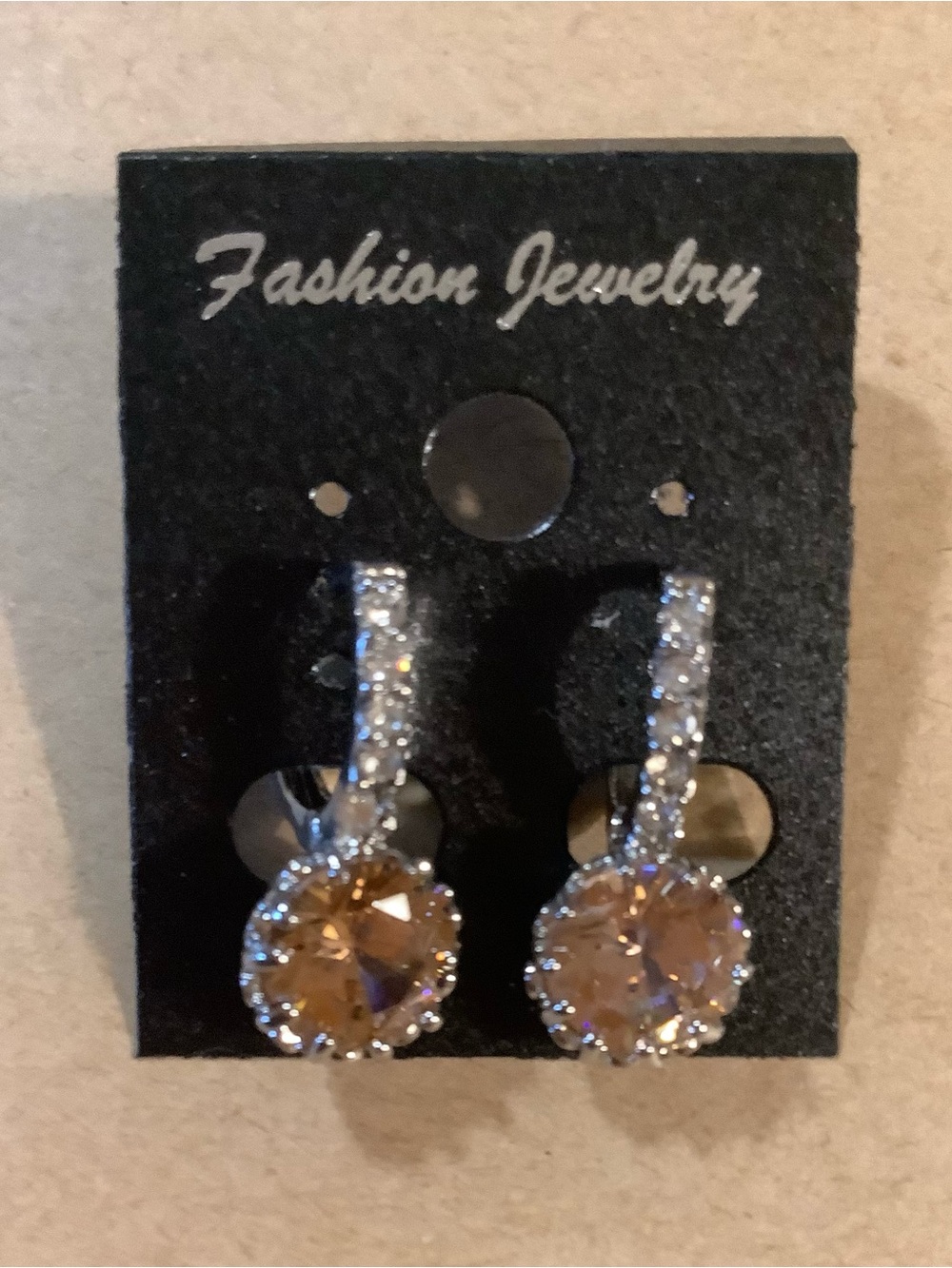 Fashion Jewelry Silver-Tone Earrings with Champagne Stones